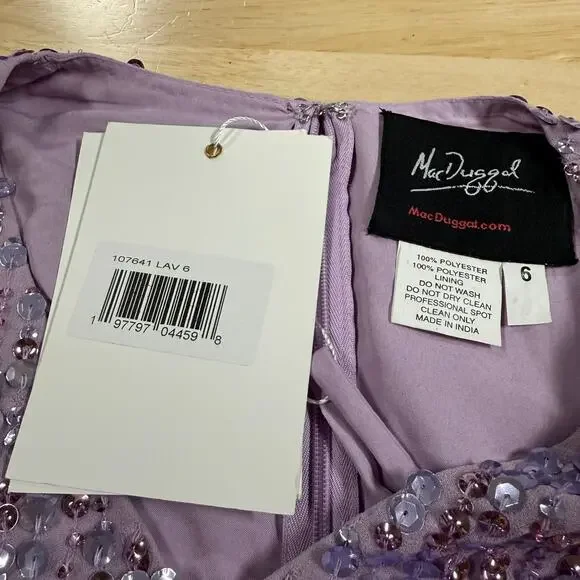 Mac Duggal NWT Purple Sequined Illusion Puff Sleeve V Neck Midi Dress Size 6